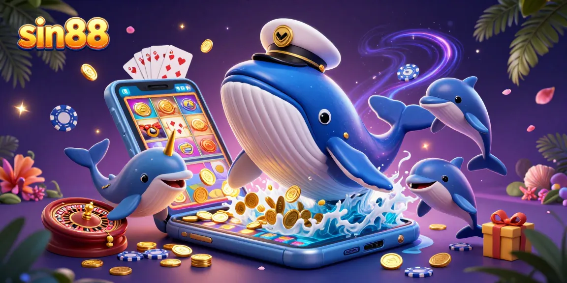 Experience sin88's vibrant casino adventure with a whimsical whale, narwhal, and dolphins surrounded by slot games.
