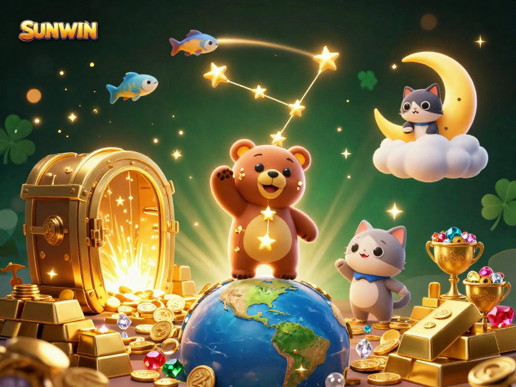 Trò chơi SUNWIN mang đậm không khí casino với ngôi sao vàng và kho báu lấp lánh
