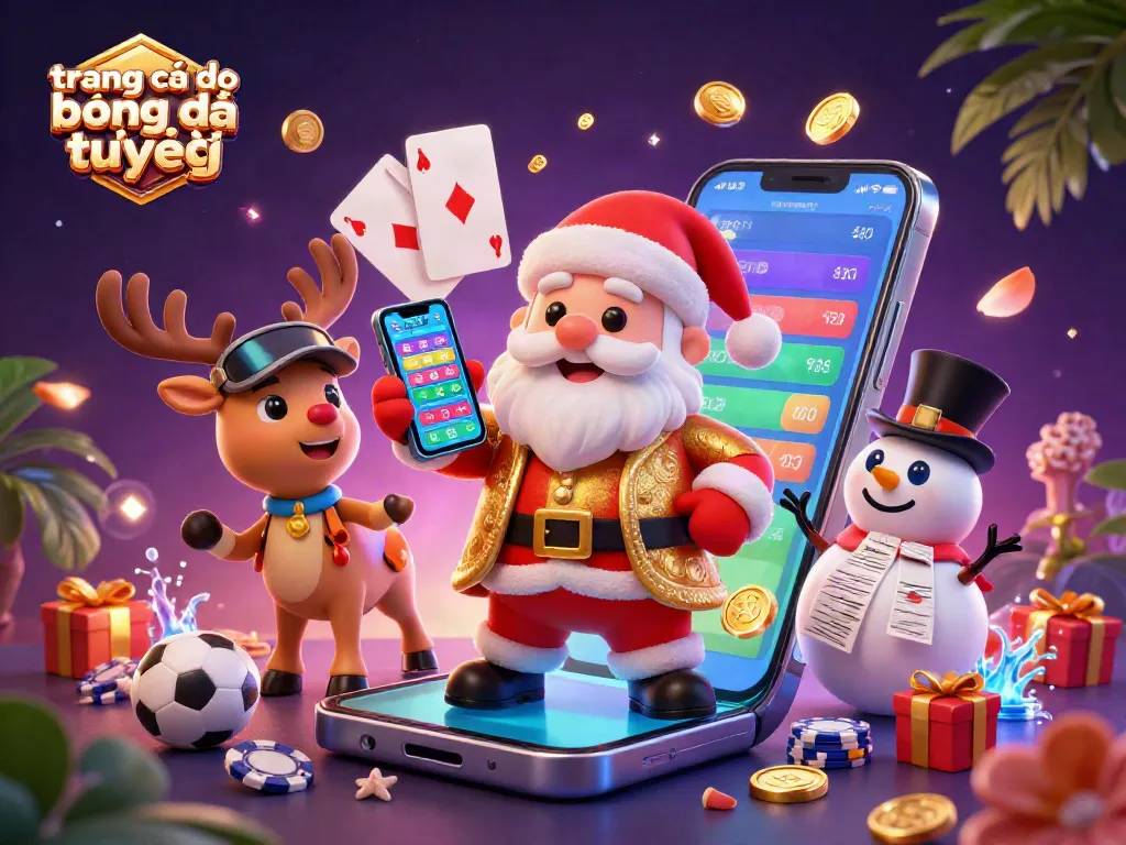Giao diện trang cá độ bóng đá trực tiếp sôi động với Santa, tuần lộc và người tuyết vui vẻ.