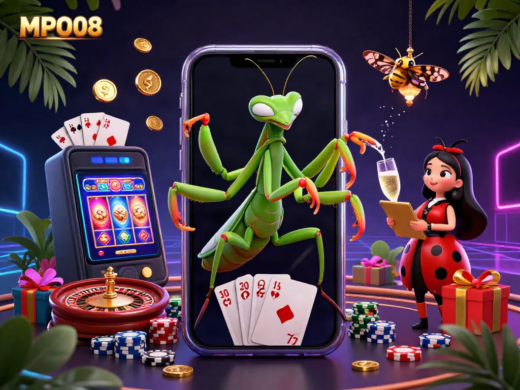 MPO08 brings excitement alive with a lively 3D illustration showcasing a card sharp and ladybug pit boss in a casino setting.