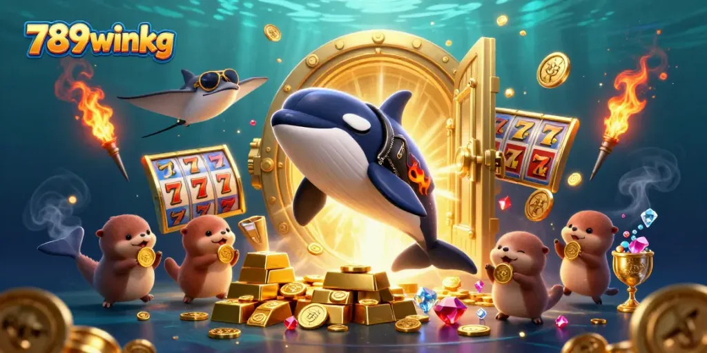 Engage in winning slot adventures at 789winkg, featuring lively sea creatures amidst a treasure-filled underwater scene.