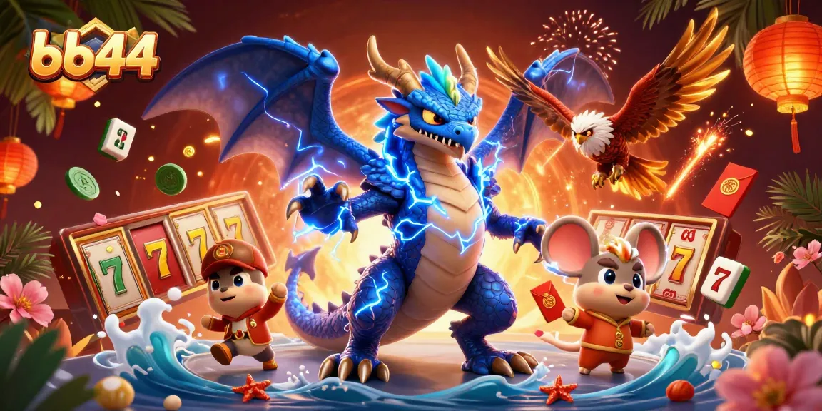 Experience thrilling gameplay at bb44 with a vibrant 3D illustration showcasing dynamic slot elements and energetic characters.