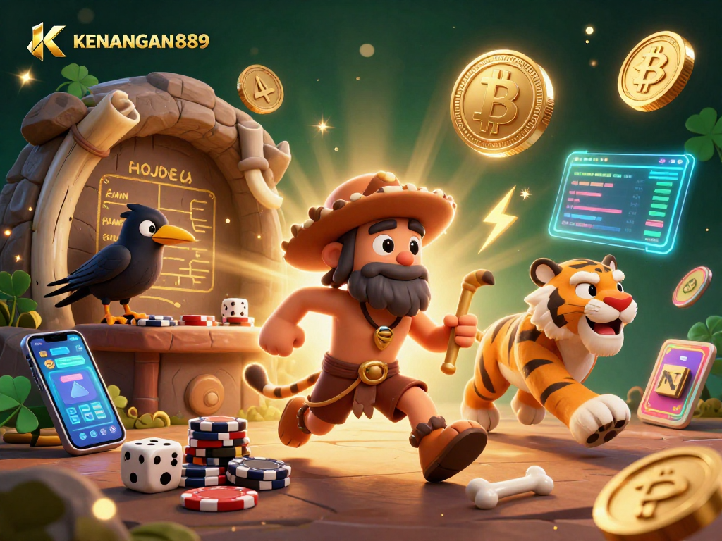 Experience KENANGAN889 with a vibrant 3D casino scene featuring a caveman duo, crypto coins, and a clever crow.
