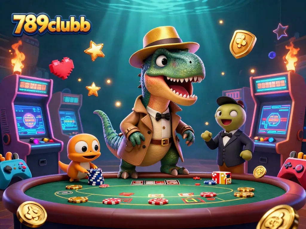Engage with 789clubb's vibrant gaming scene featuring a cleverly disguised velociraptor at the blackjack table.