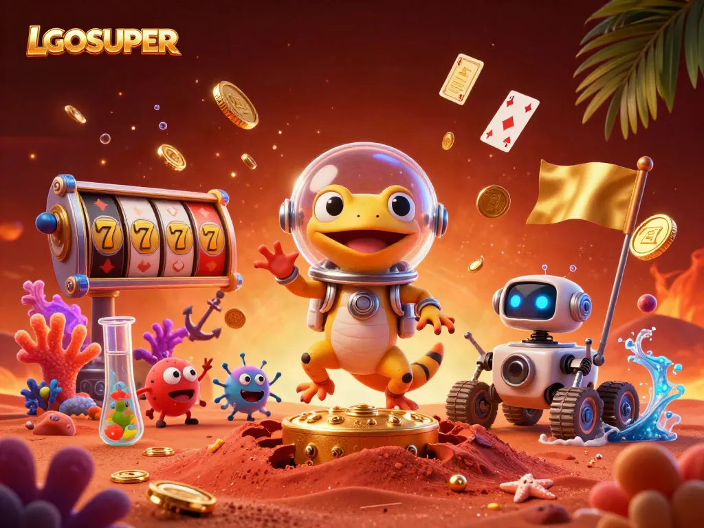 Experience thrilling gameplay with LGOSUPER as a Martian gecko discovers an exciting casino scene amidst vibrant casino elements.