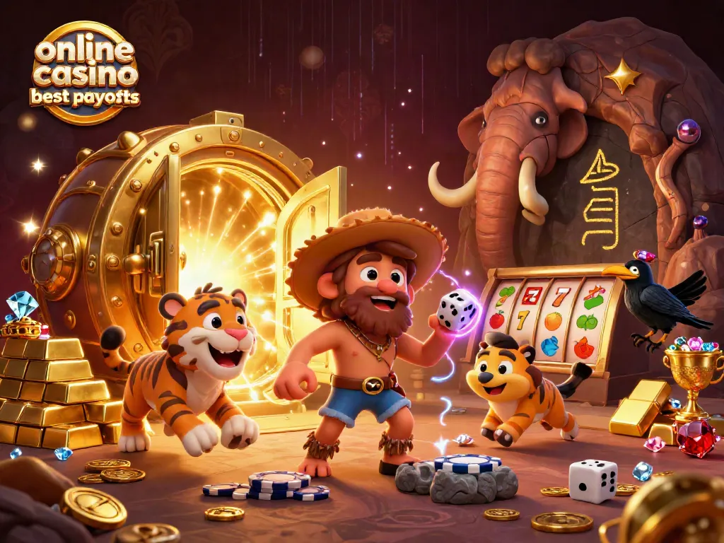 Engage with online casino best payouts featuring a 3D caveman duo and a crow, amidst gold and gems.