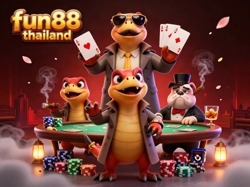 Experience fun88 thailand with 3D dinosaurs cleverly disguised entering a VIP casino, amidst vibrant gaming elements.
