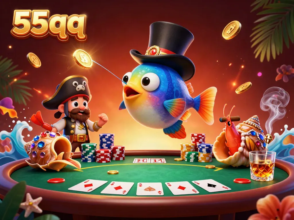 Experience 55qq's thrilling deep-sea casino adventure with glowing coins, poker elements, and dynamic characters.
