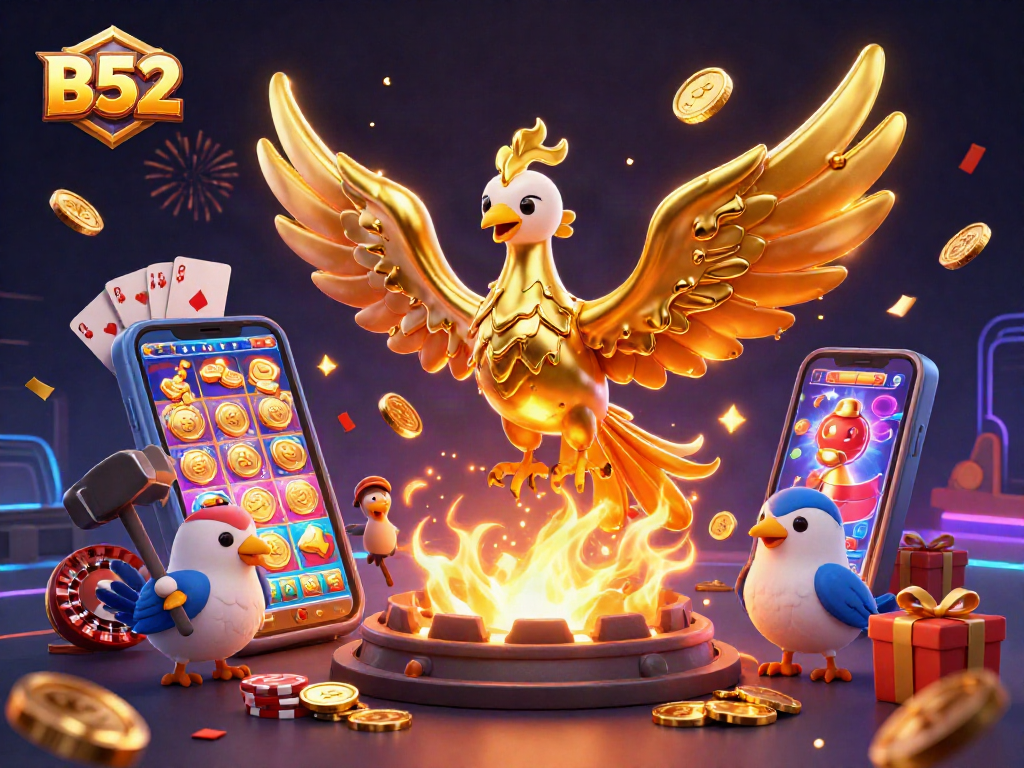 Experience the thrill with B52 in this vibrant casino scene filled with golden coins and gaming elements.