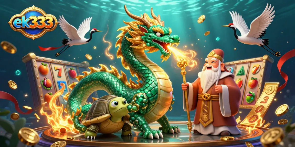Engage in thrilling slot adventures at ek333 with a vibrant illustration of dragons and lucky cranes.