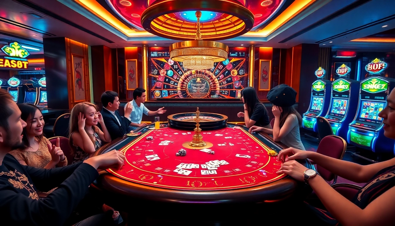 NK88 VIP gaming experience with elegant casino table and excited players enjoying high-stakes poker.