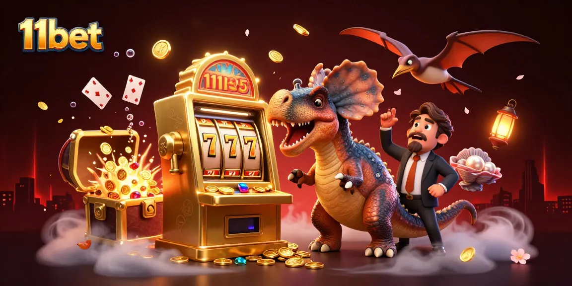 11bet slots jackpot scene with cartoon dinosaurs and casino elements in vibrant design