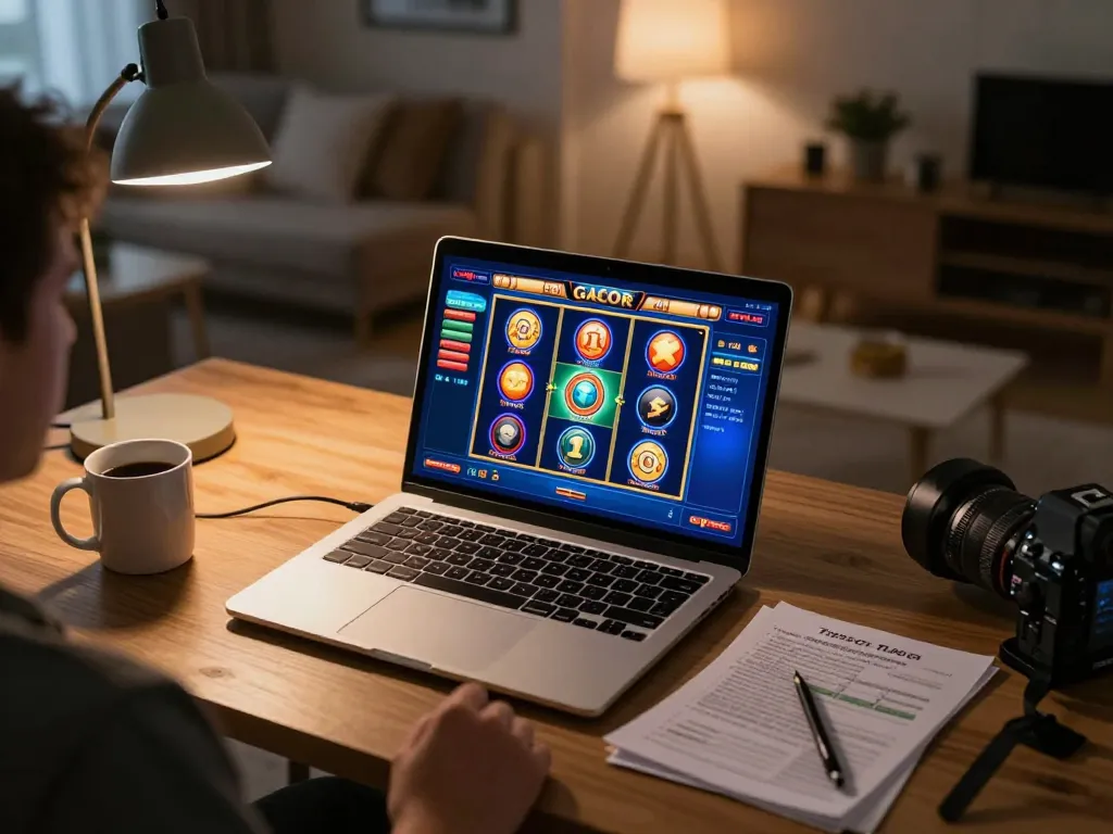 Engaging home setup with person playing slot gacor online, showcasing vibrant gaming interface and cozy atmosphere.