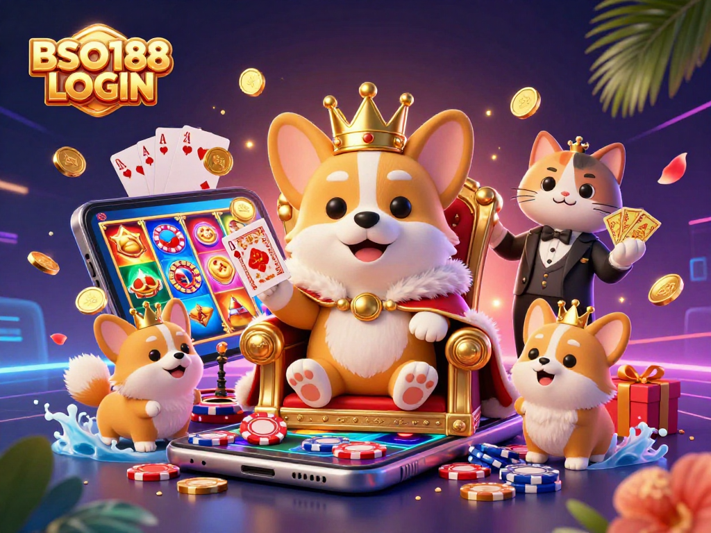Experience the thrill of BSO188 LOGIN with a vibrant 3D casino illustration full of playful characters and gaming elements.