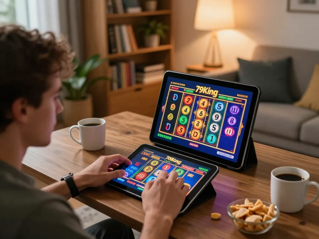 Player enjoying a slot game on 79king tablet in a cozy home setting, showcasing online gaming excitement
