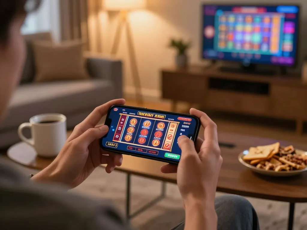 Experience the excitement of the Thương hiệu MM88 through mobile gaming in a cozy home setting.