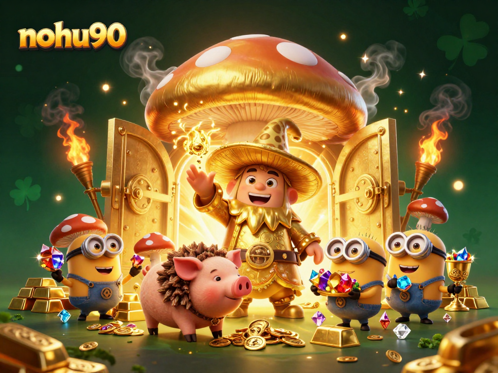 Noh90 invites players to win jackpots with a colorful 3D illustration of a wizard and treasures.