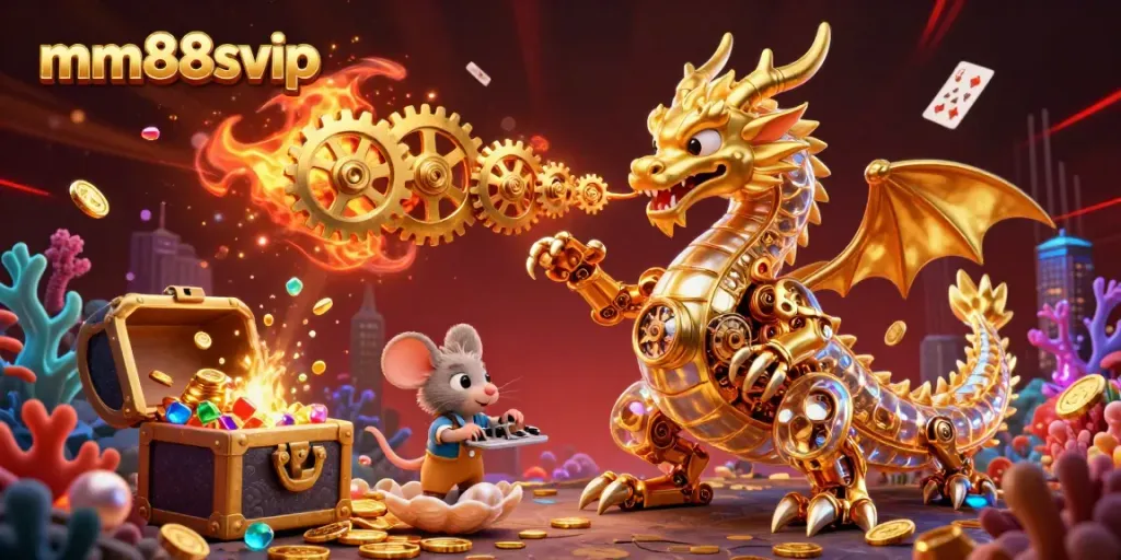 Engage with greatest winnings at mm88svip featuring a golden dragon breathing gears with vibrant treasures and playing cards.