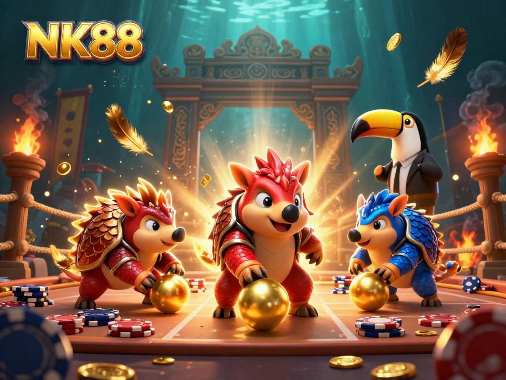 Experience the thrills of NK88 with vibrant pangolins engaging in gambling action among golden tokens and poker chips.