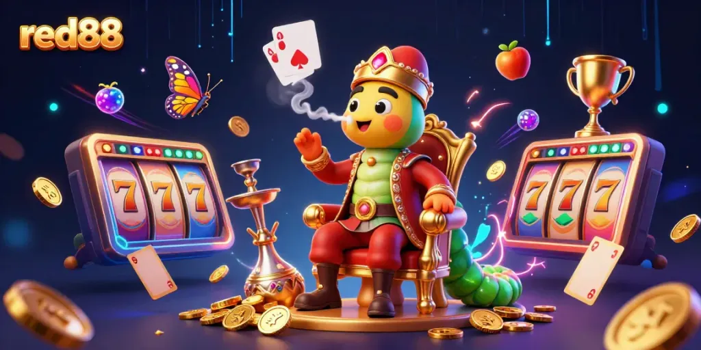 Roll the dice with red88 as golden coins and slot reels turn in a vibrant casino scene.