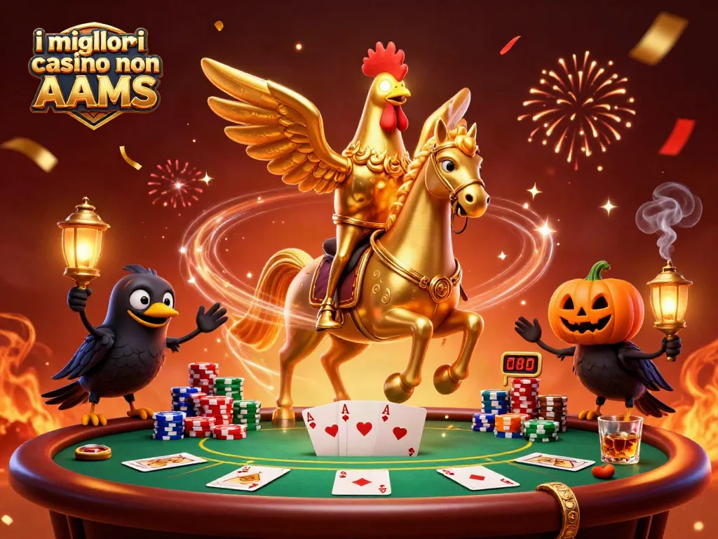 Scopri i migliori casino non AAMS con un'illustrazione 3D di un gallo dorato e personaggi che animano un ambiente di gioco vibrante.