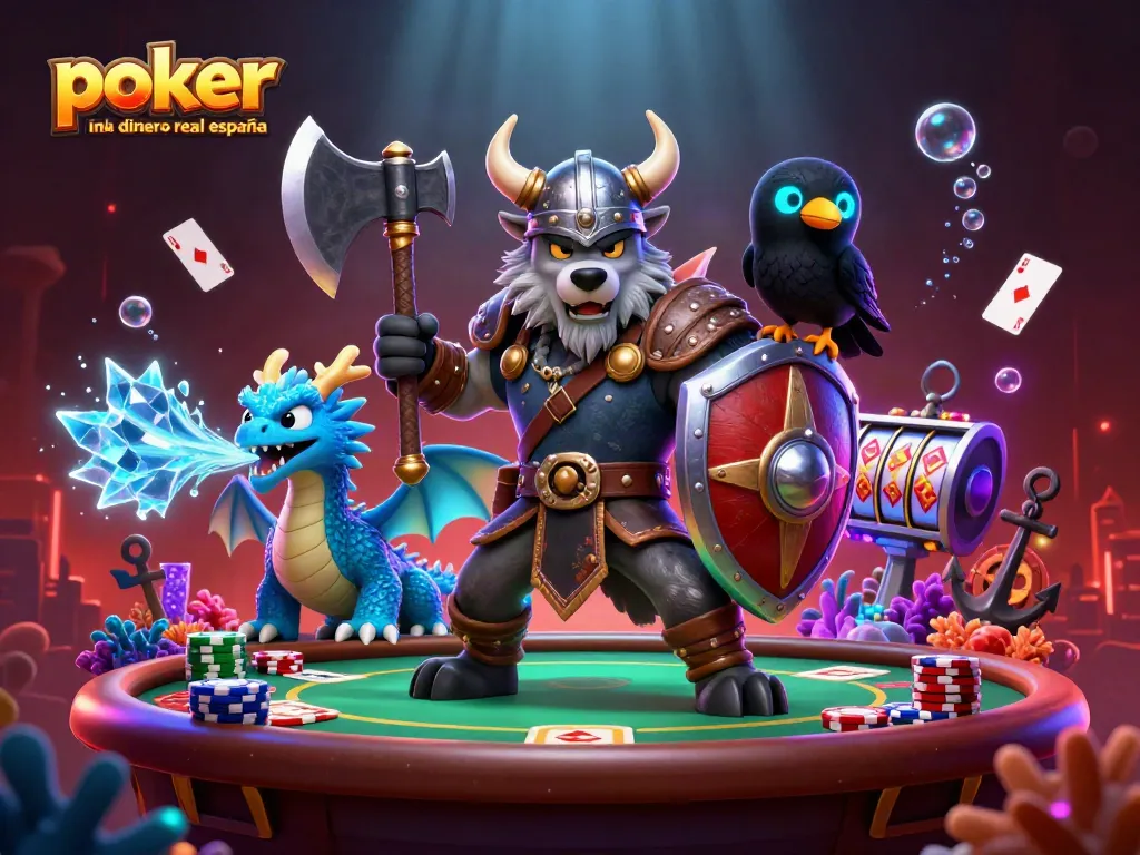 Disfruta de póker online dinero real España con un guerrero vikingo y elementos de juego vibrantes.