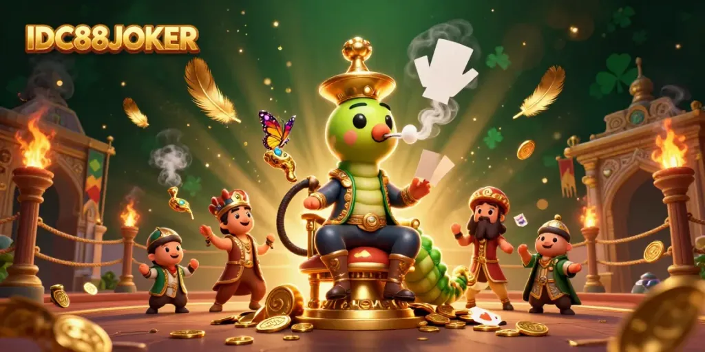 Experience thrilling gaming at IDC88JOKER with a vibrant 3D illustration depicting casino themes and excitement.