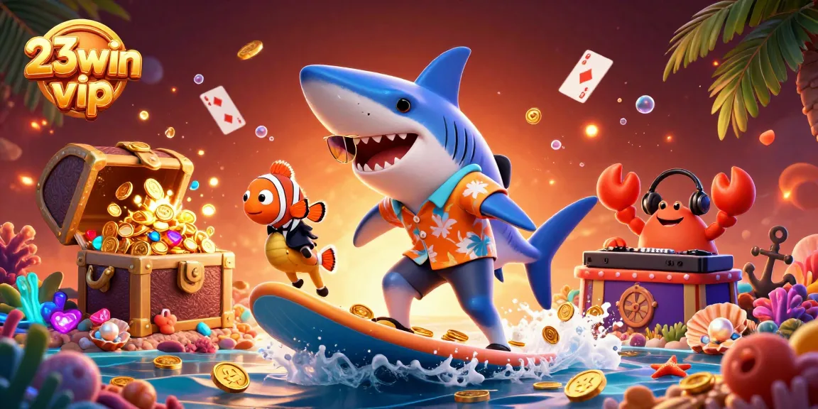 Engage with 23win vip as a shark surfs gold coins in a vibrant casino-themed illustration
