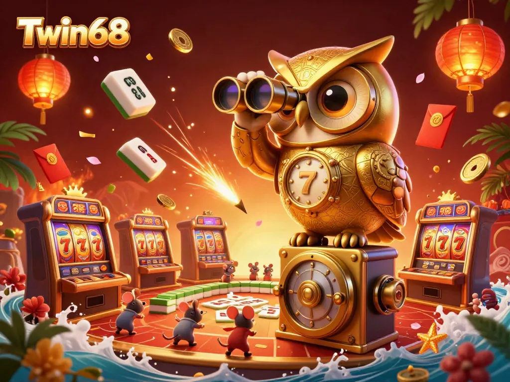 Twin68 offers an immersive casino experience with golden owl and playful mice among vibrant games.