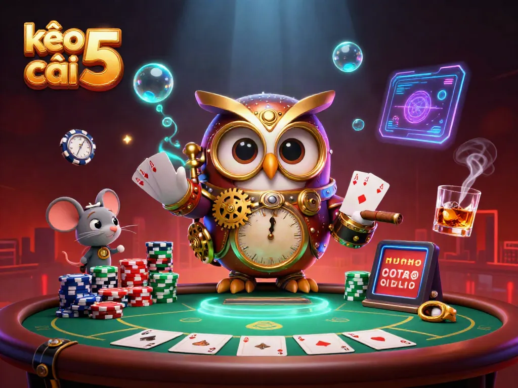 Experience kèo nhà cái 5 with a vibrant scene featuring a time-traveling owl and clockwork mouse at a steampunk casino.