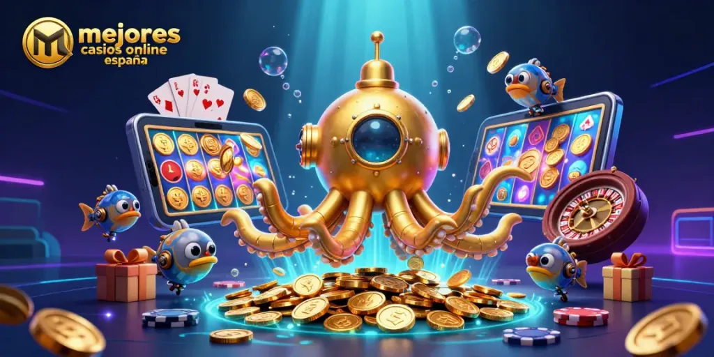 Ilustración 3D de un barco submarino kraken dorado emergiendo en monedas, representando los mejores casinos online España.