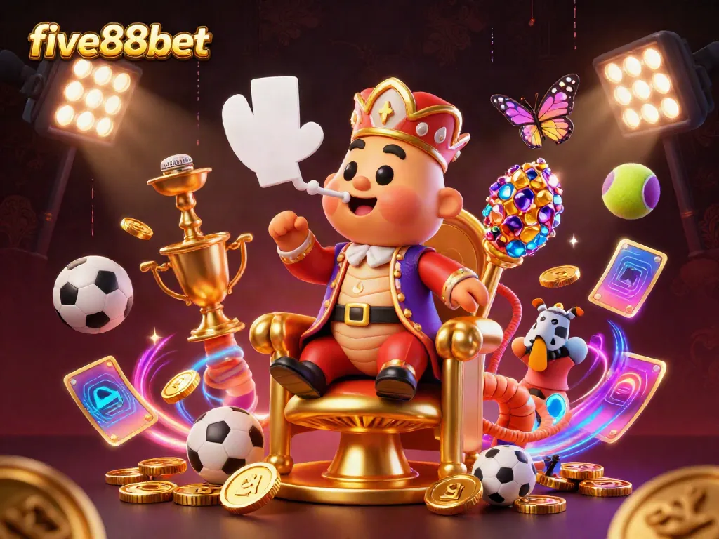 Experience gaming excitement at five88bet with a vibrant casino world illustration of characters and sports elements.