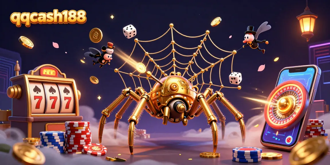 Experience qqcash188's thrilling atmosphere with spinning reels, golden coins, and vibrant casino elements.