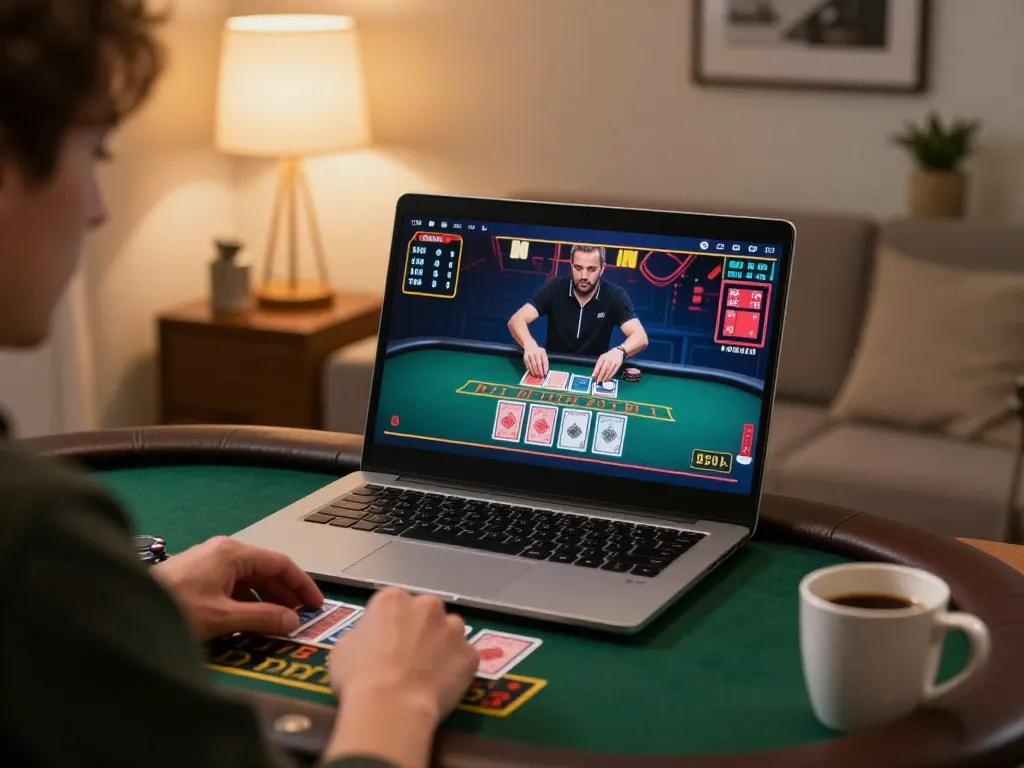 Player enjoying sc88 live dealer blackjack game on laptop, capturing the excitement of online gambling.
