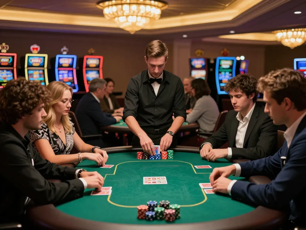 Players enjoy an exciting poker game at 789bet's upscale casino with vibrant atmosphere.