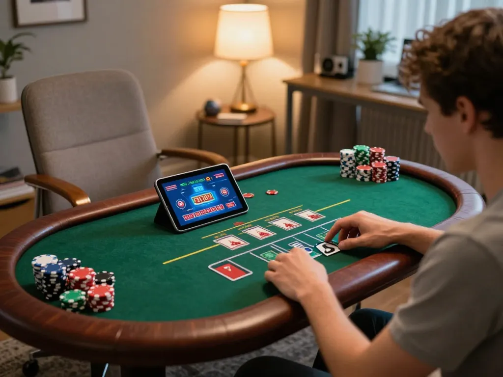 fa88vn player engaged in strategic online gambling at home, showcasing live dealer game on tablet