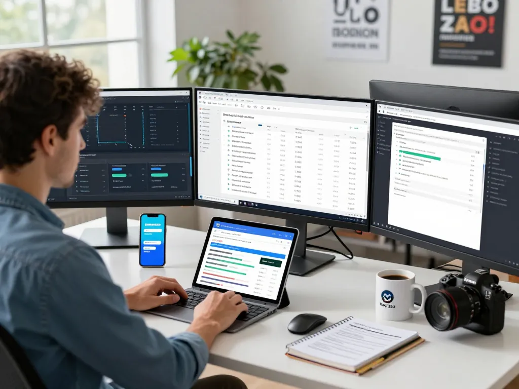 Marketing expert using group buy SEO tools at a modern desk analyzing website performance metrics.
