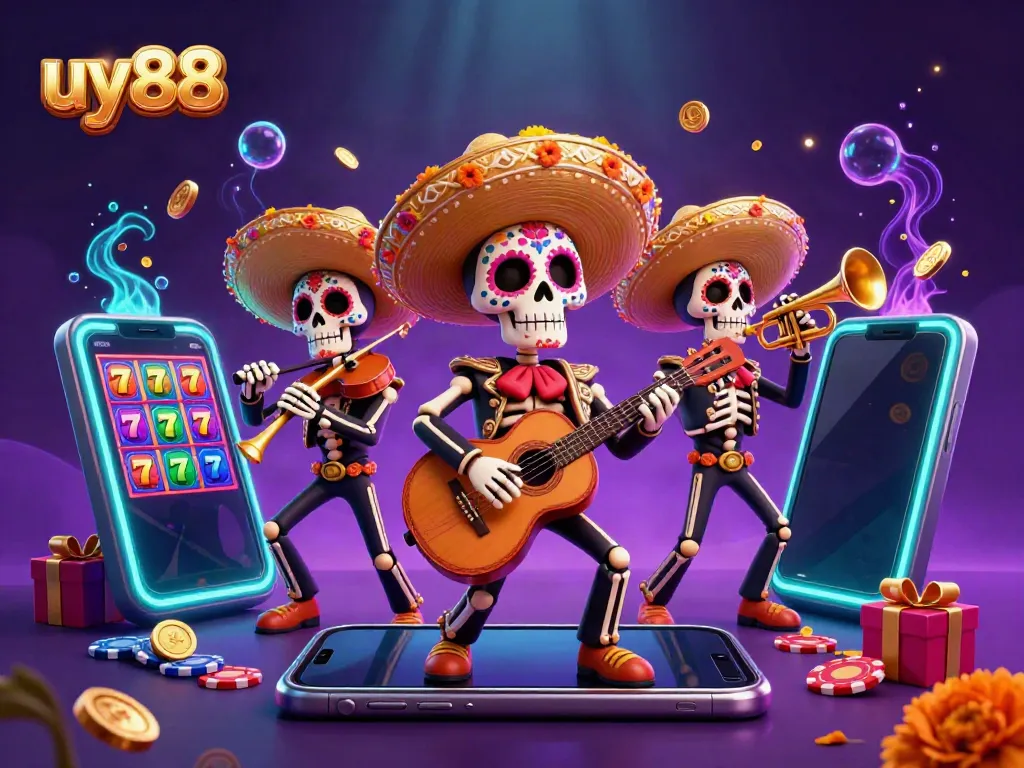 Experience thrilling excitement at uy88 with colorful 3D skeleton mariachi band amidst digital casino elements.