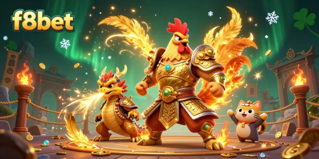 Bet on f8bet and witness a fierce fighting rooster warrior in a vibrant casino environment.