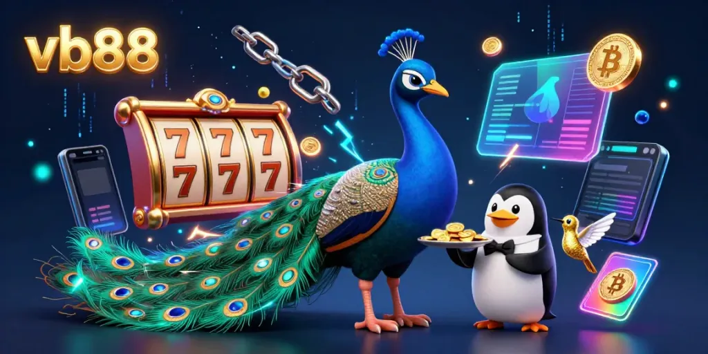 Engage with vb88 through a vibrant gaming scene featuring an elegant peacock, a butler penguin with casino chips, and a golden hummingbird surrounded by neon slot reels and cryptocurrency.