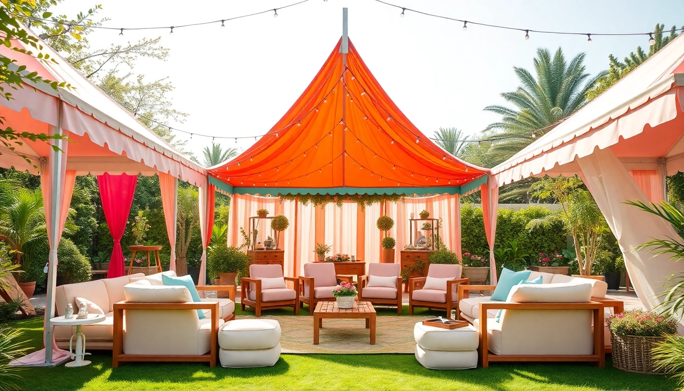 Set up for outdoor party rentals with colorful tents and decorations in a garden.
