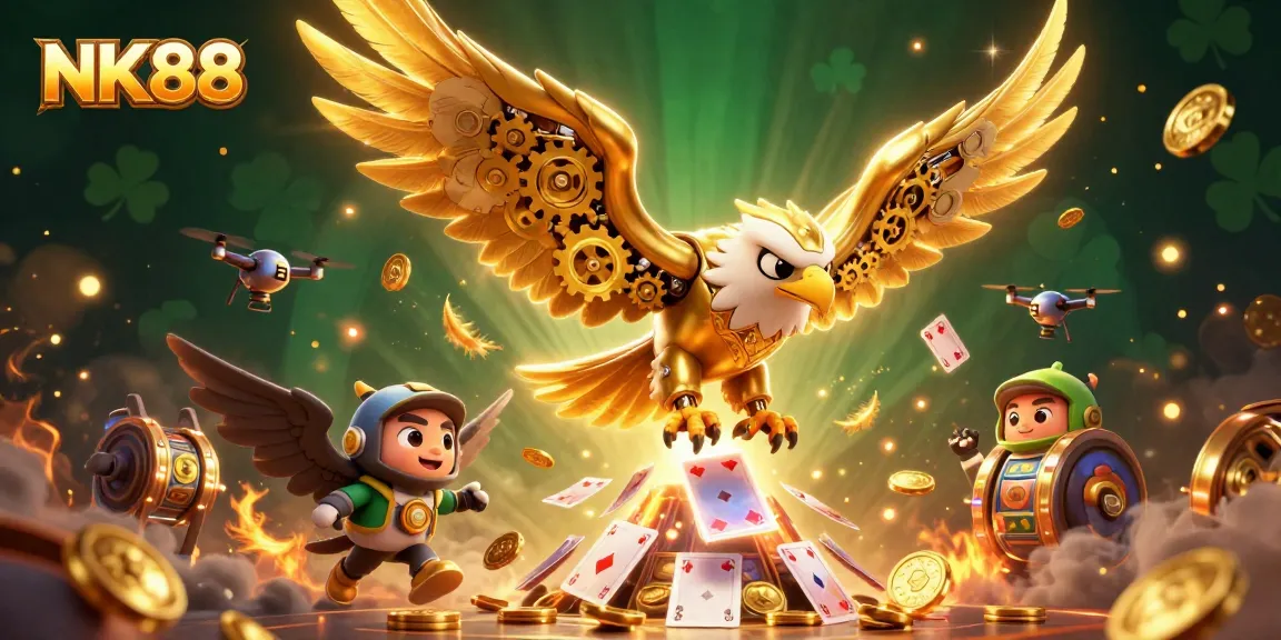Experience the thrill of NK88 with a 3D cybernetic eagle diving through holographic cards in a vibrant casino scene.