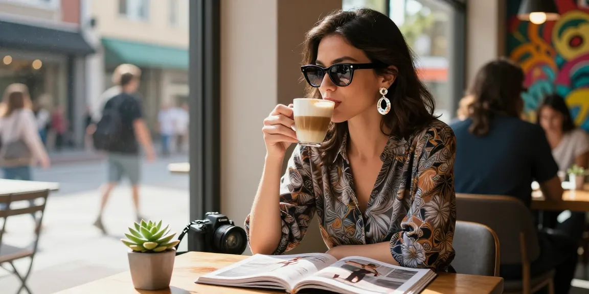 Chic urban café scene with a woman wearing óculos de grau feminino, showcasing modern fashion.