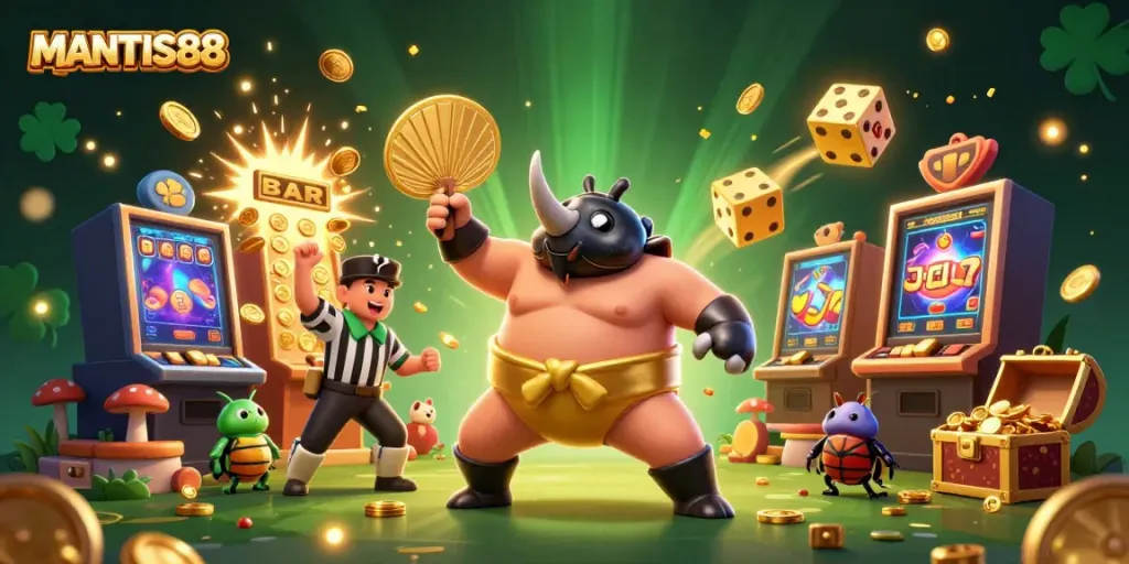 MANTIS88 features a cartoon rhinoceros beetle sumo champion amidst a dazzling casino scene filled with coins and game symbols.