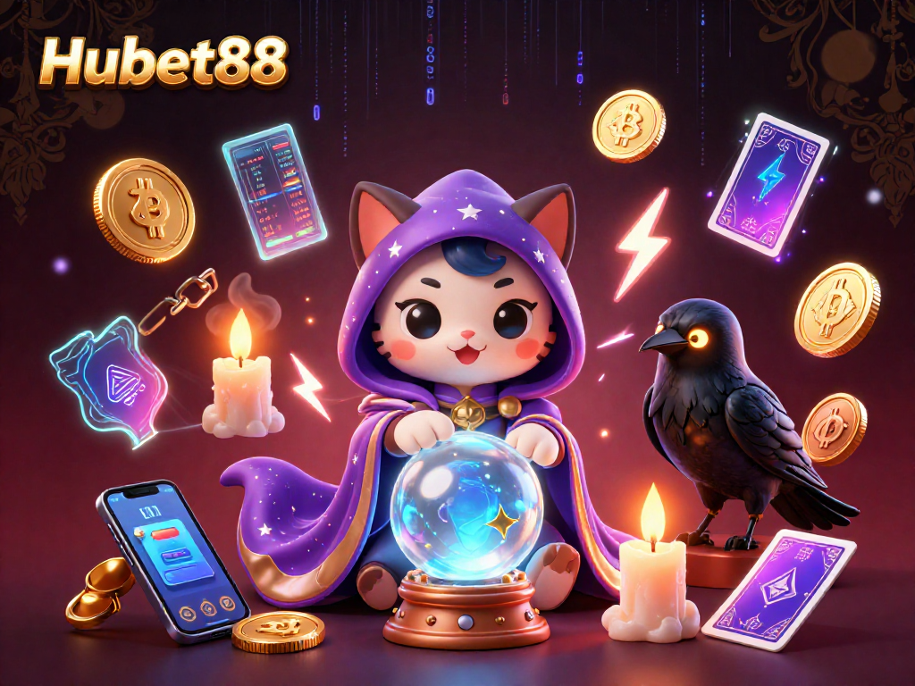 Play exciting games at Hubet88 with vibrant characters and crypto elements representing fun and fortune.
