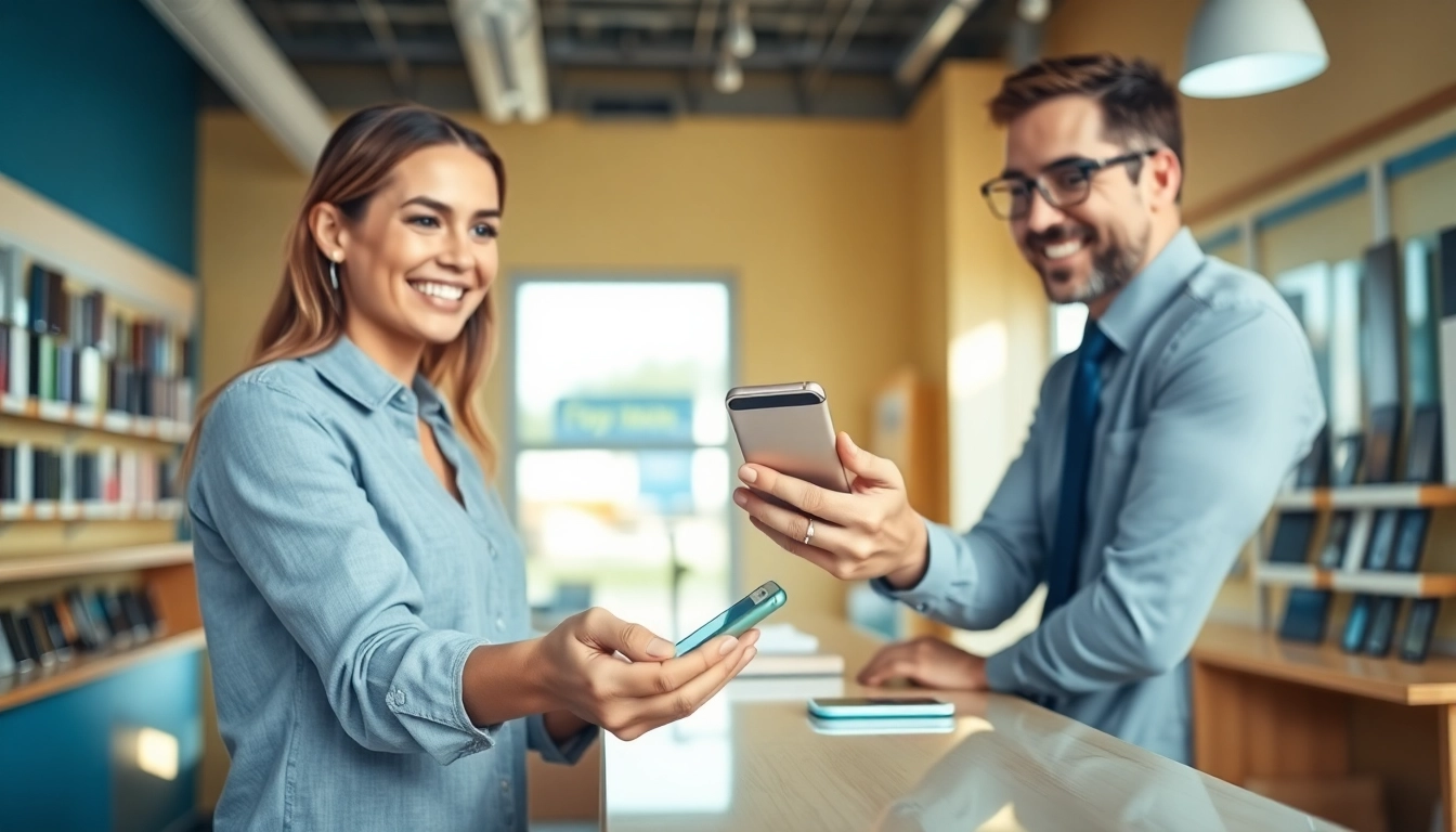 Cash For Phones Sherwood AR transaction with a customer and staff member in a bright store.