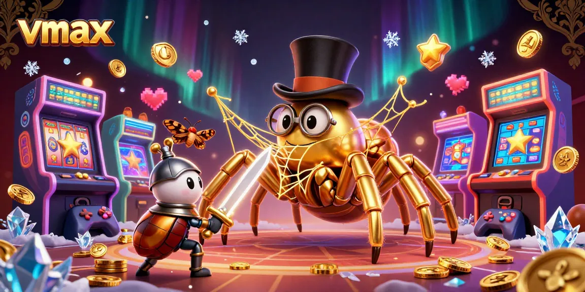 Experience exciting gameplay with vmax as a golden tarantula and beetle knight in a vibrant casino.