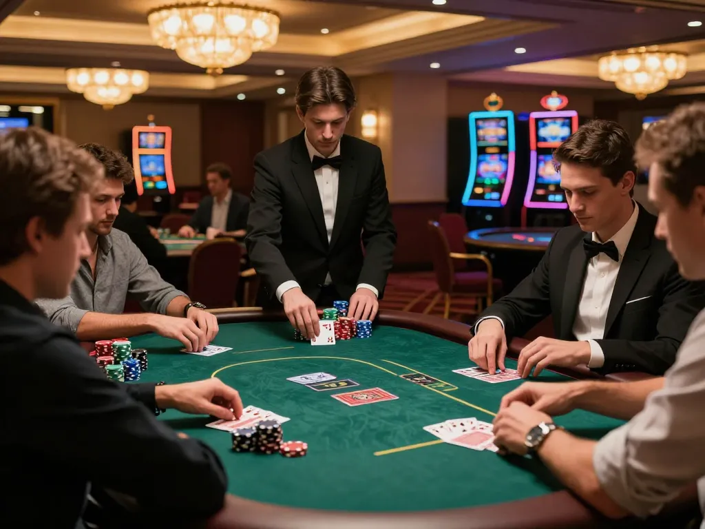Engaged players strategizing during a poker game, reflecting the thrill of tylekeo in an upscale casino.