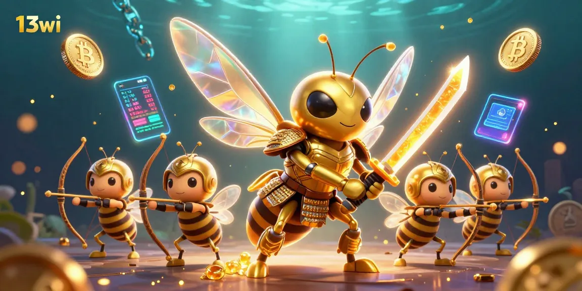 Engage with 13wi's immersive gaming scene featuring a heroic samurai bee amidst crypto elements.