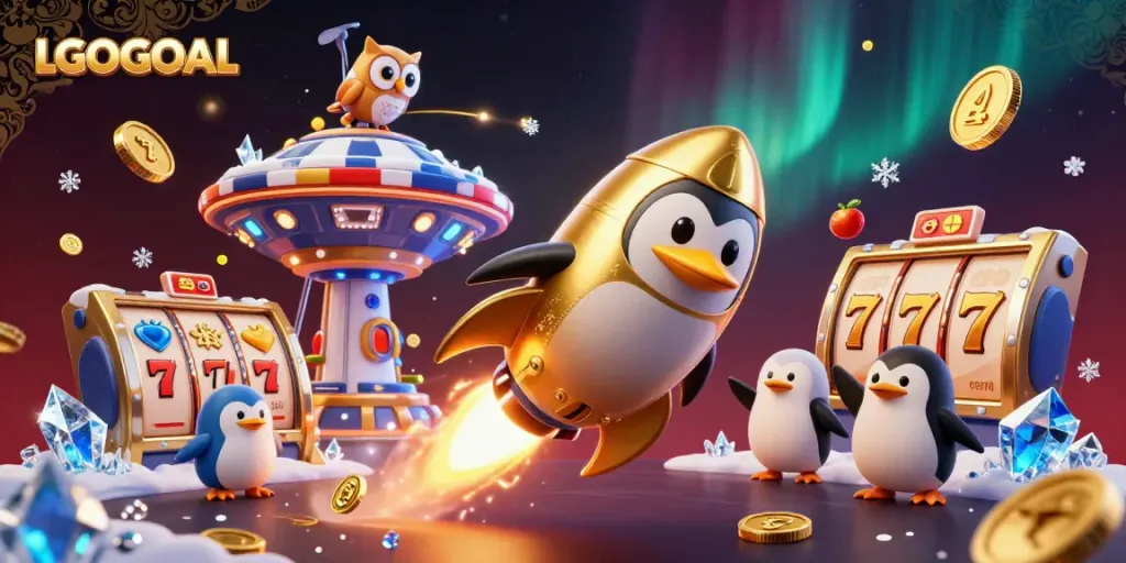Experience LGOGOAL with a golden penguin and casino elements in a stunning 3D design.